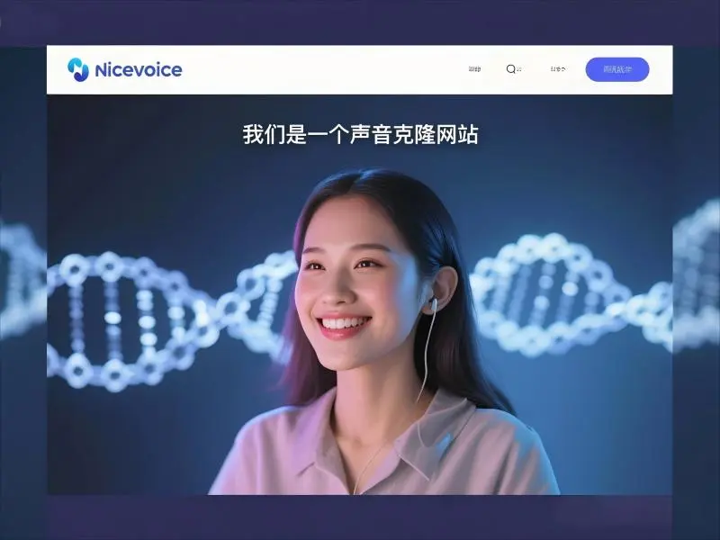NiceVoice声音克隆官网首页:微笑女性佩戴耳机体验AI语音服务,背景DNA双螺旋与声波元素展现AI声音克隆技术,导航栏清晰标注"我们是一个声音克隆网站"品牌定位。