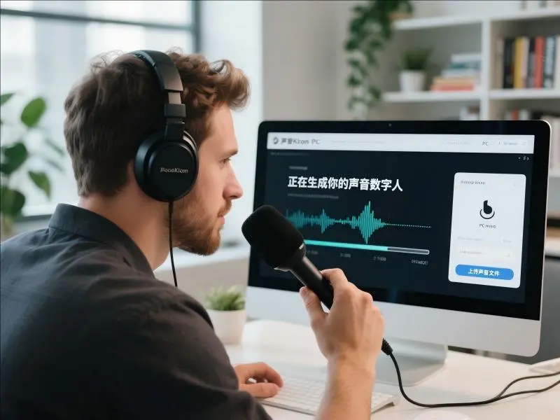 NiceVoice声音数字人生成界面:用户通过麦克风录制音频,屏幕显示"正在生成你的声音数字人"进度,波形图实时反馈AI语音处理过程,体现声音克隆技术精度。