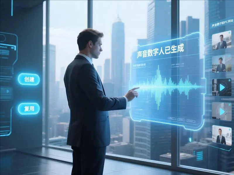 NiceVoice声音数字人应用场景:商务男士在现代化办公室操作虚拟界面,"声音数字人已生成"提示AI语音生成完成,展示声音克隆技术的商业化应用价值。